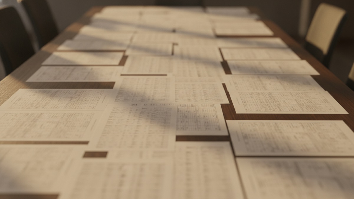 A photograph of a long conference table covered end to end with identical printed spreadsheets, seen from above in flat daylight, with no text legible