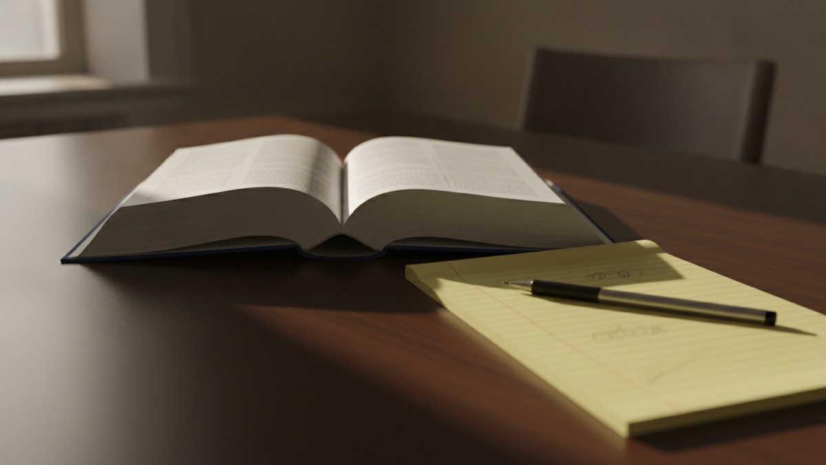 A hardbound reporter volume lying open on a courtroom counsel table beside a legal pad and a mechanical pencil, lit by daylight from a tall window