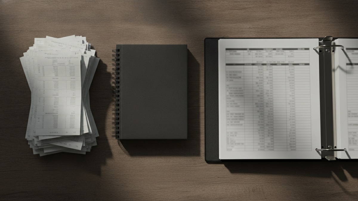A stack of payroll stubs and a bound tax return on a desk beside an open ring binder of printed statistical tables, photographed from above in daylight