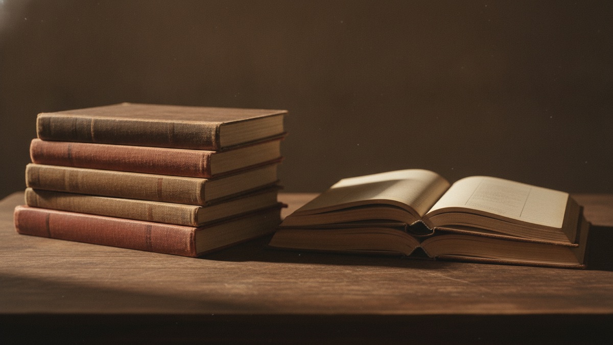 Two stacks of bound accounting ledgers of unequal height standing side by side on a wooden table in daylight, one open and one closed