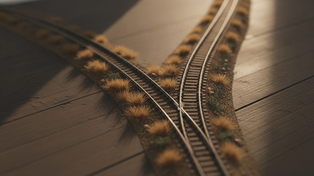A railway junction photographed from above where a single track splits into two lines running away across open ground in early morning light