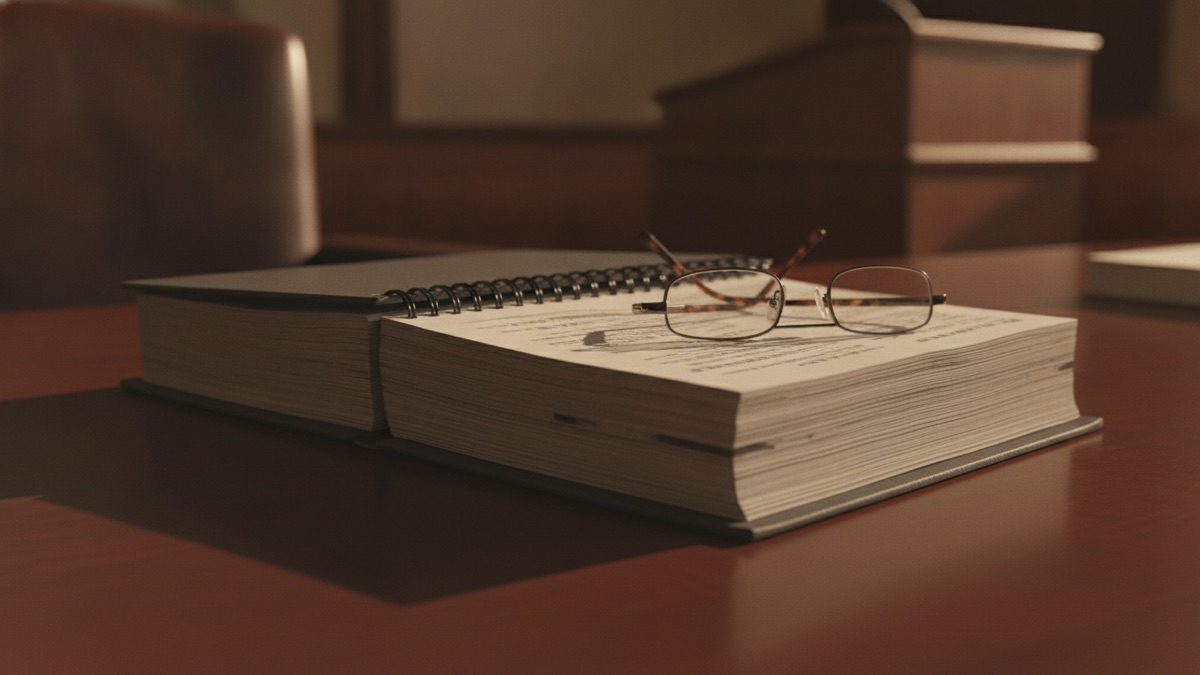 A photograph of a thick bound expert report lying open on a courtroom counsel table beside a pair of reading glasses, with no text legible on the page